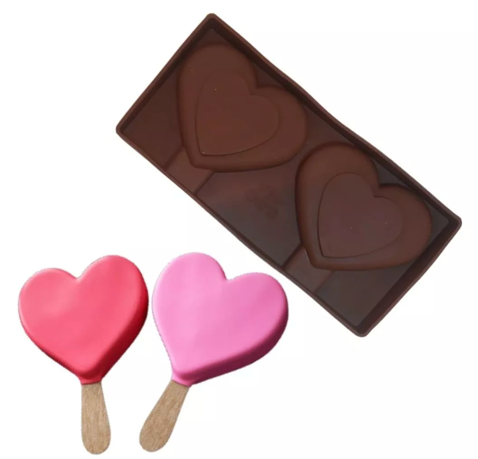 Molde Silicón Repostería Para Paleta Corazón 2 Cavidades
